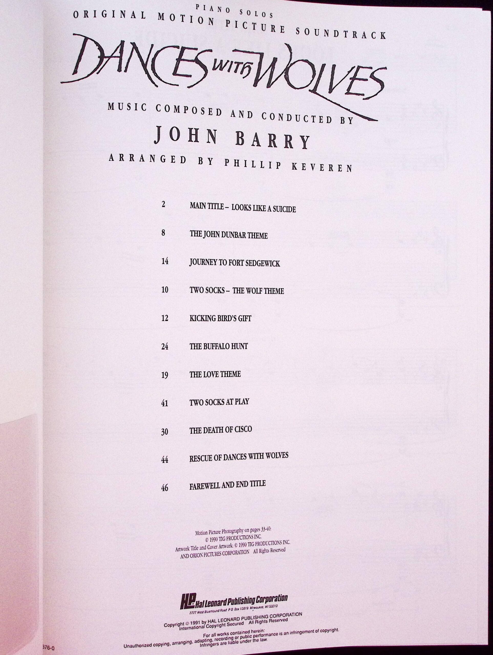 Dances with Wolves - Hal Leonard 1991 - 978-0-7935-0376-6 - HL00308093 - Table of Contents